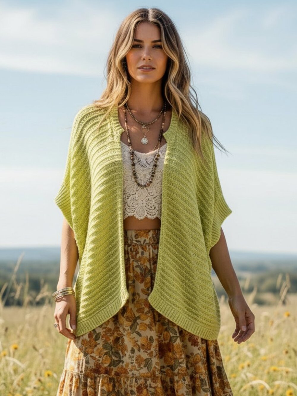 Chicos XL 3 Cardigan Chartreuse Cottage Boho Whimsy Artsy Indie Green Yellow